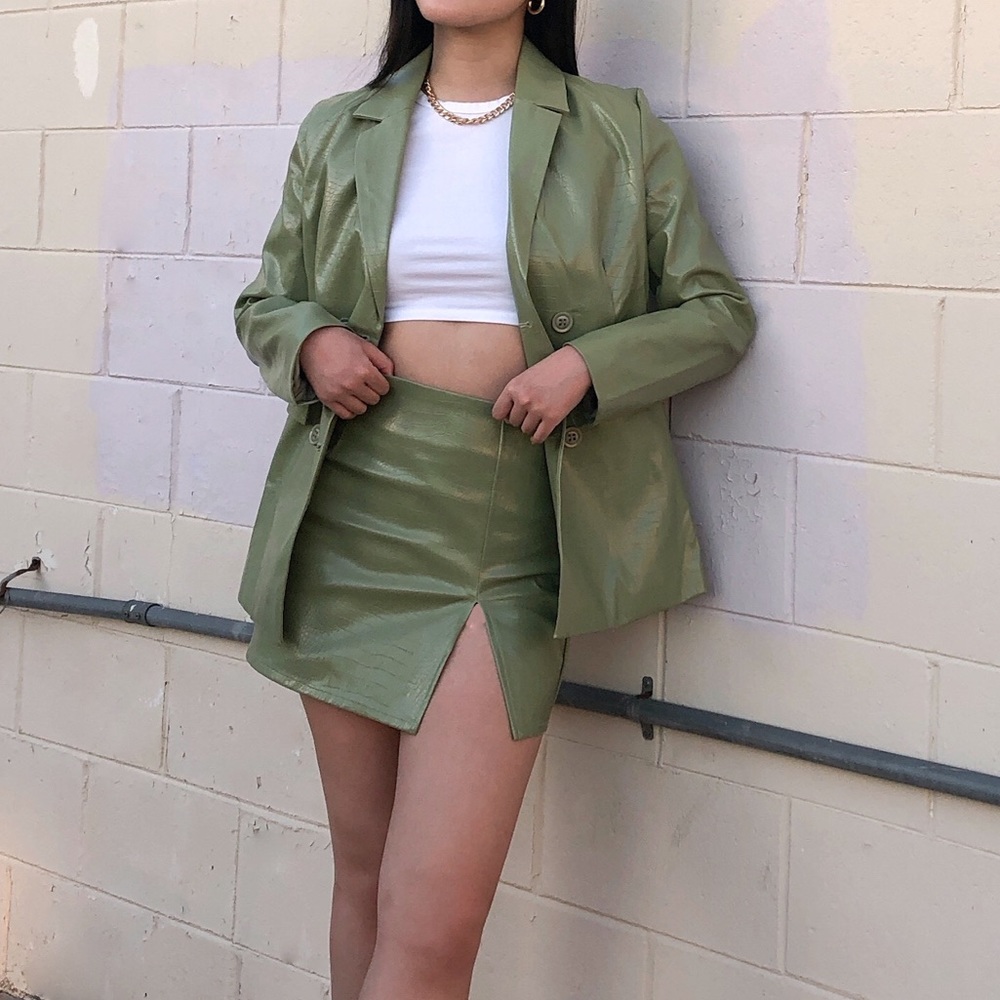 PRINCESS POLLY GREEN LEATHER BLAZER SET WITH SKIRT